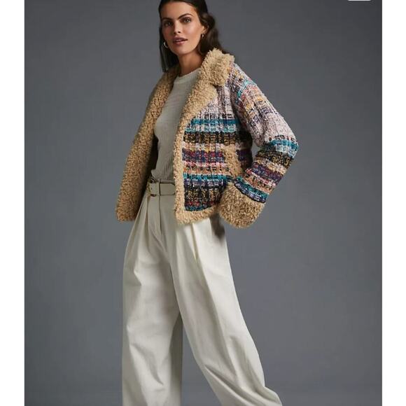 Anthropologie Sweaters - Anthropologie Cropped Faux Shearling Fur Sherpa Cuffs Tweed Sweater Coat Size L